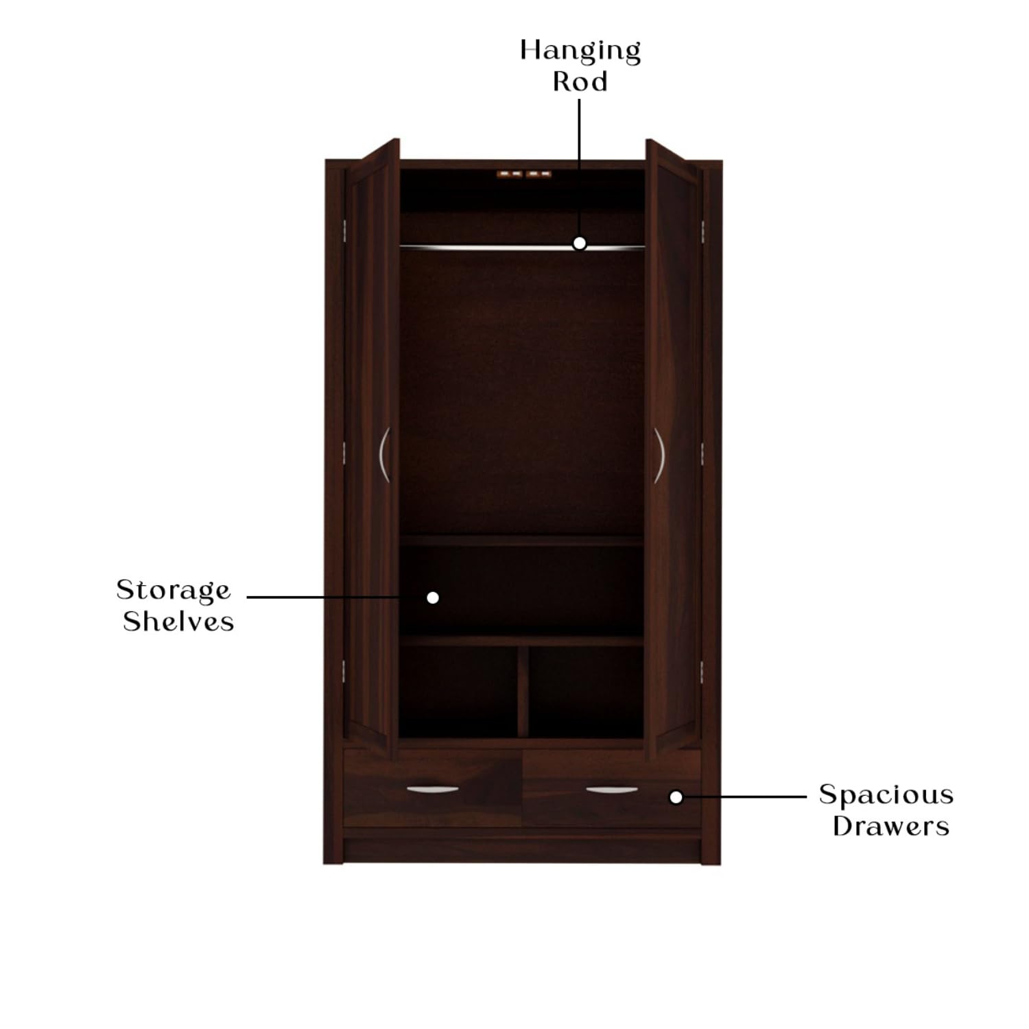 Dorian Solid Sheesham Wood 2 Door Wardrobe with 2 Drawers- Walnut Finish
