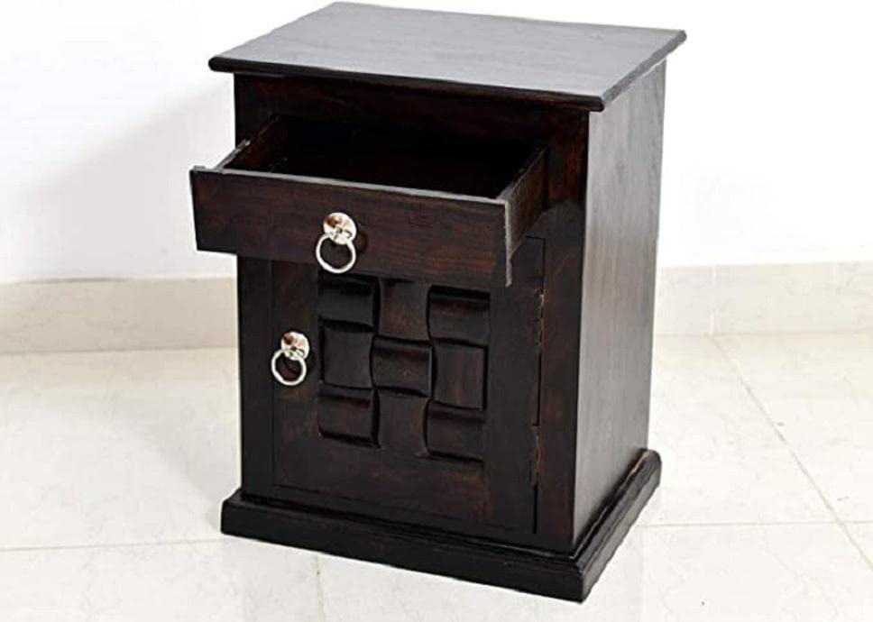 Niwar Solid Wood Bedside Table With Drawer Design - Walnut Finish