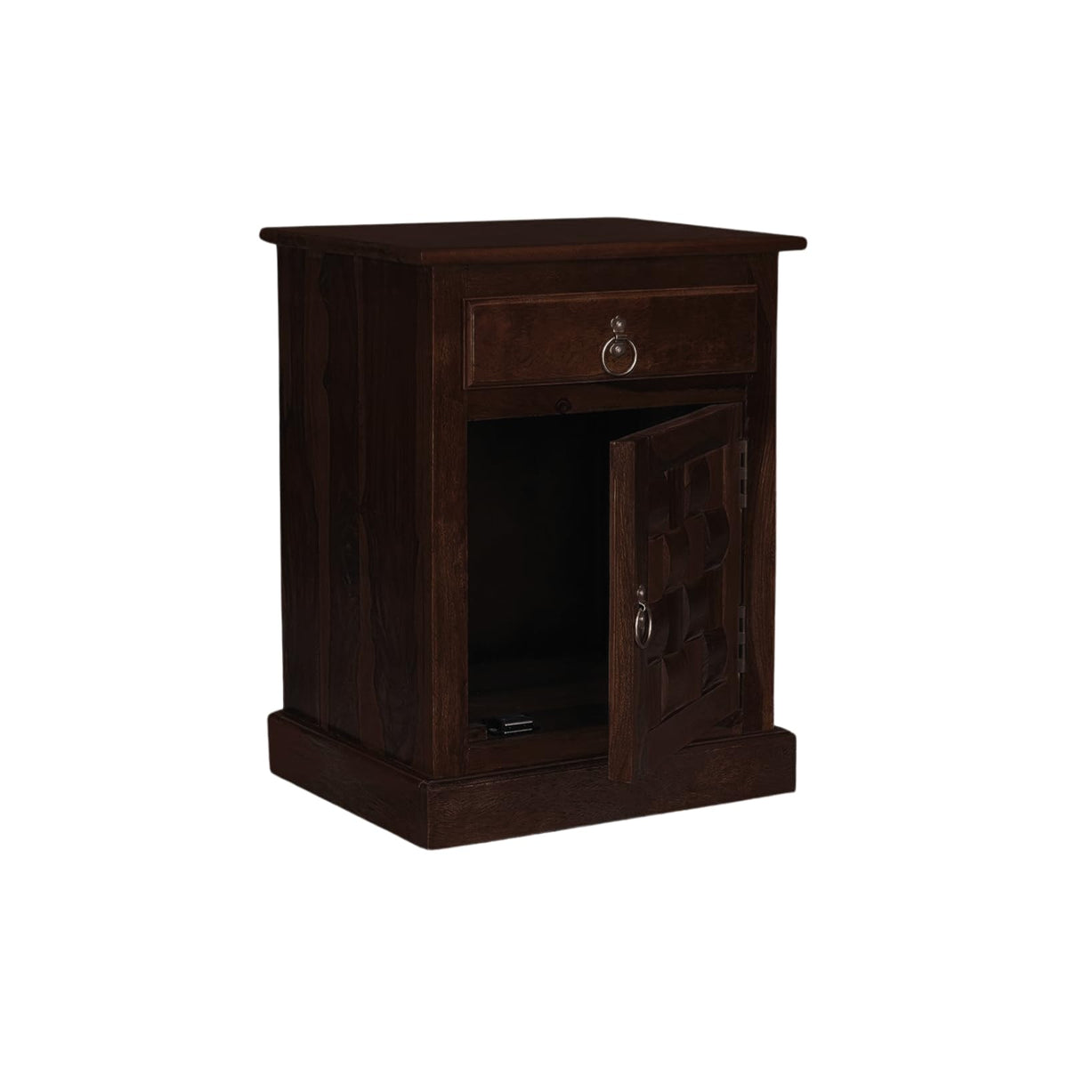 Niwar Solid Sheesham Wood Queen Size Bed with Box Storage & 2 Bedside Tables in natural finish - corner angle view