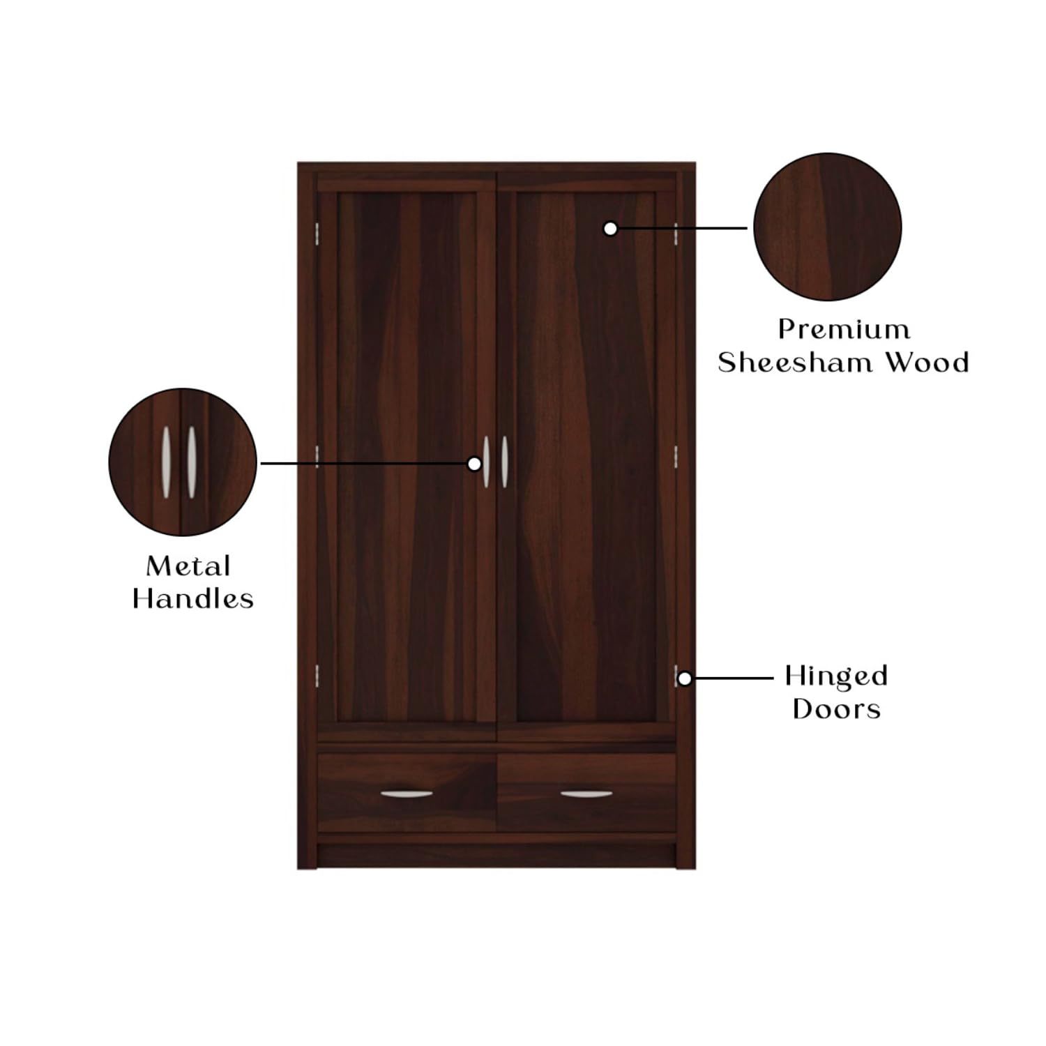 Dorian Solid Sheesham Wood 2 Door Wardrobe with 2 Drawers- Walnut Finish
