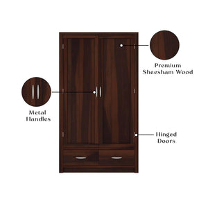 Dorian Solid Sheesham Wood 2 Door Wardrobe with 2 Drawers- Walnut Finish