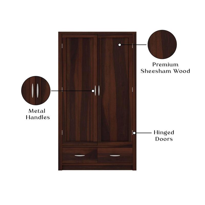 Dorian Solid Sheesham Wood 2 Door Wardrobe with 2 Drawers- Walnut Finish