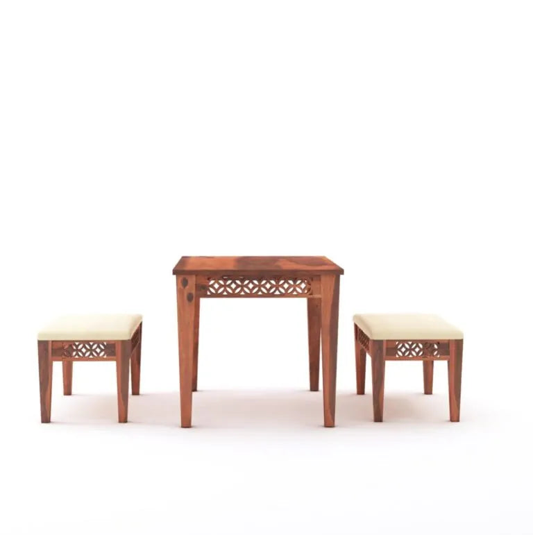 CNC Sheesham Wood Dining Table Set With Two Bench - Honey