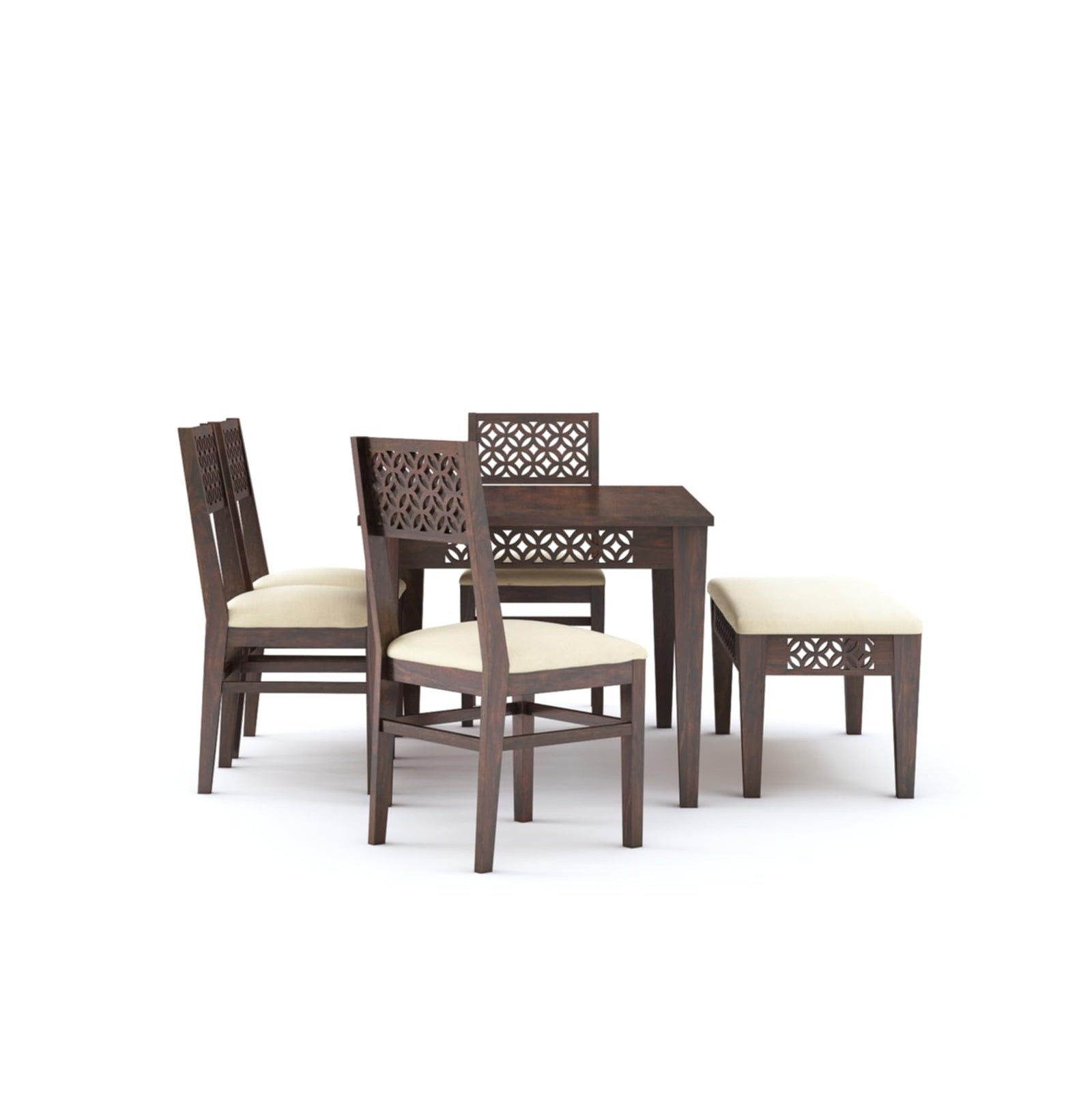 CNC Wooden Dining Table 6 Seater Dining Table Set with 4 Chairs & 1 Bench Walnut Finish