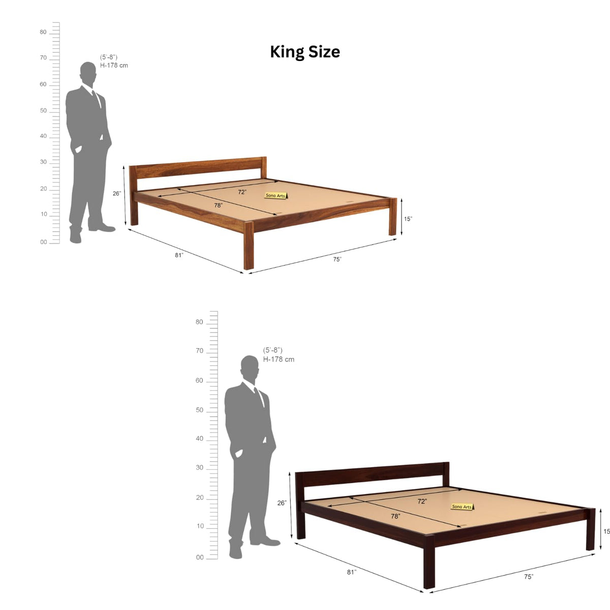 Single Patti Solid Sheesham Wood King Size Bed without Storage in walnut finish - styled in a bedroom