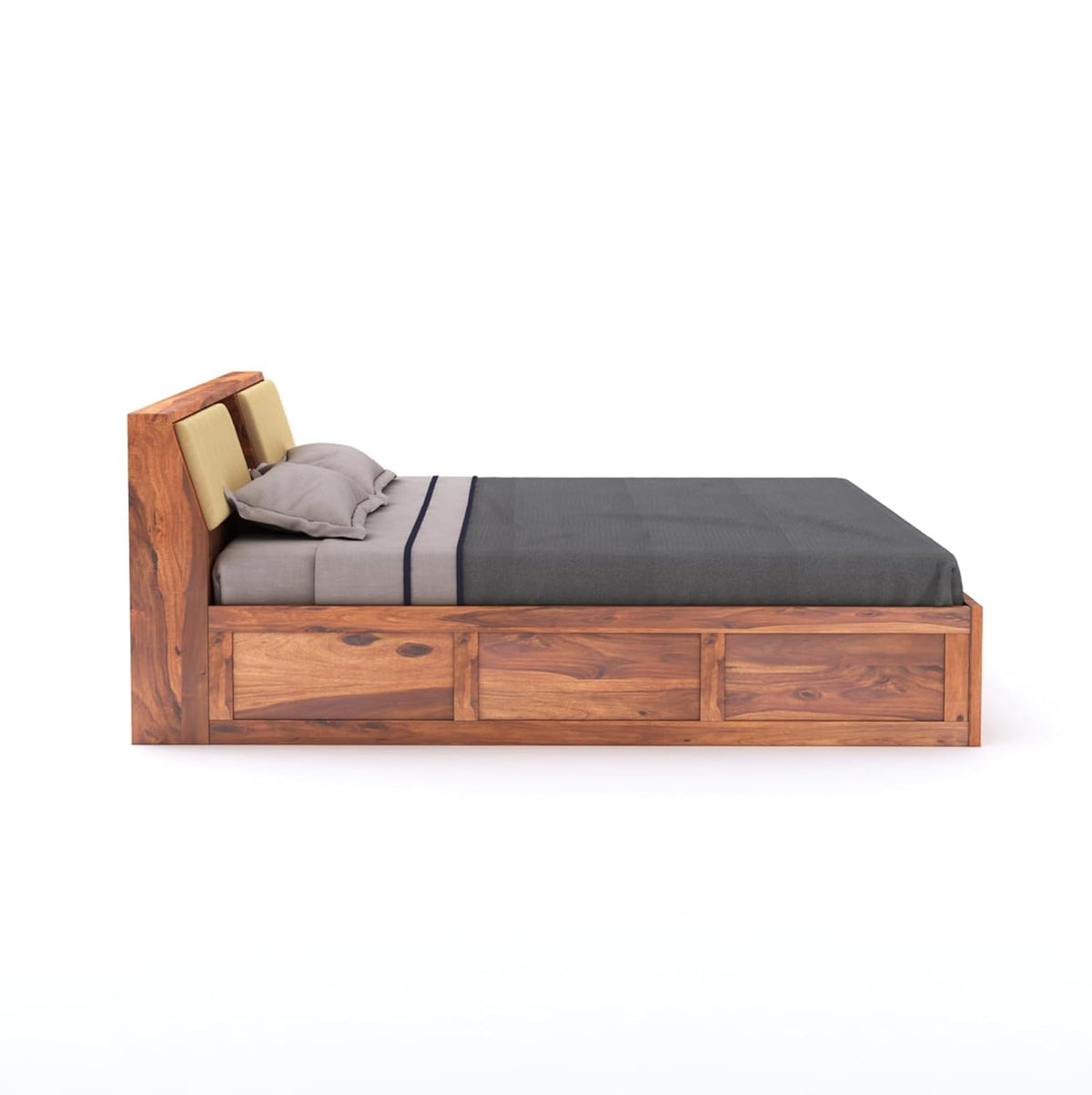 Hades Wooden Queen Size Bed With Box Storage - Natural Finish