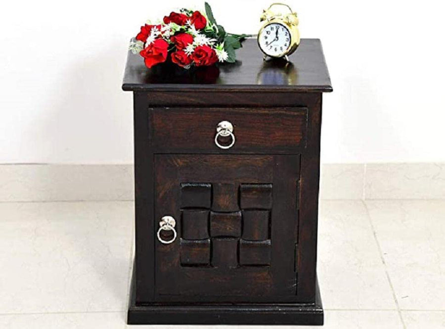 Niwar Solid Wood Bedside Table With Drawer Design - Walnut Finish