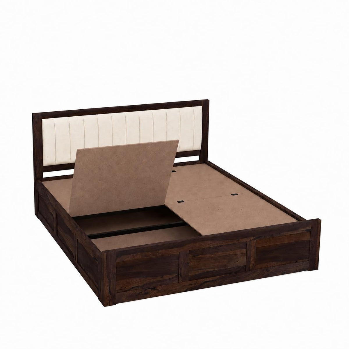 Veronica Solid Sheesham Wood Queen Size Bed with Box Storage & 2 Bedside Tables in walnut finish - styled in a bedroom