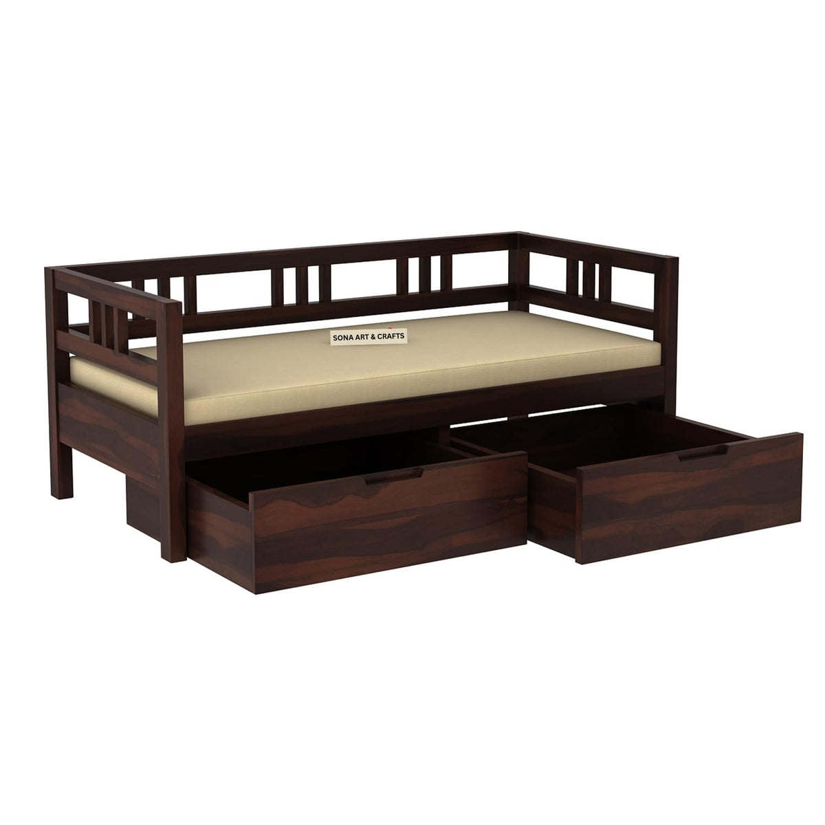 Sofa Cum Diwan Solid Sheesham Wood in walnut finish - styled in a living room