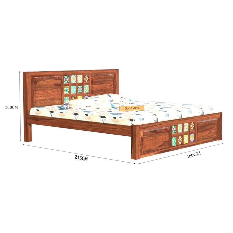 Taurus Solid Sheesham Wood Queen Size Bed without Storage & 2 Bedside Tables - Natural Finish