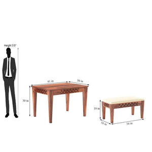 CNC Sheesham Wood Dining Table Set With Two Bench - Honey