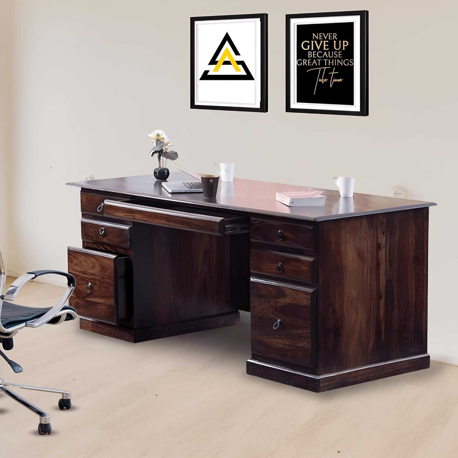 Solid Sheesham Wooden Office Table With 6 Drawer Walnut FInish