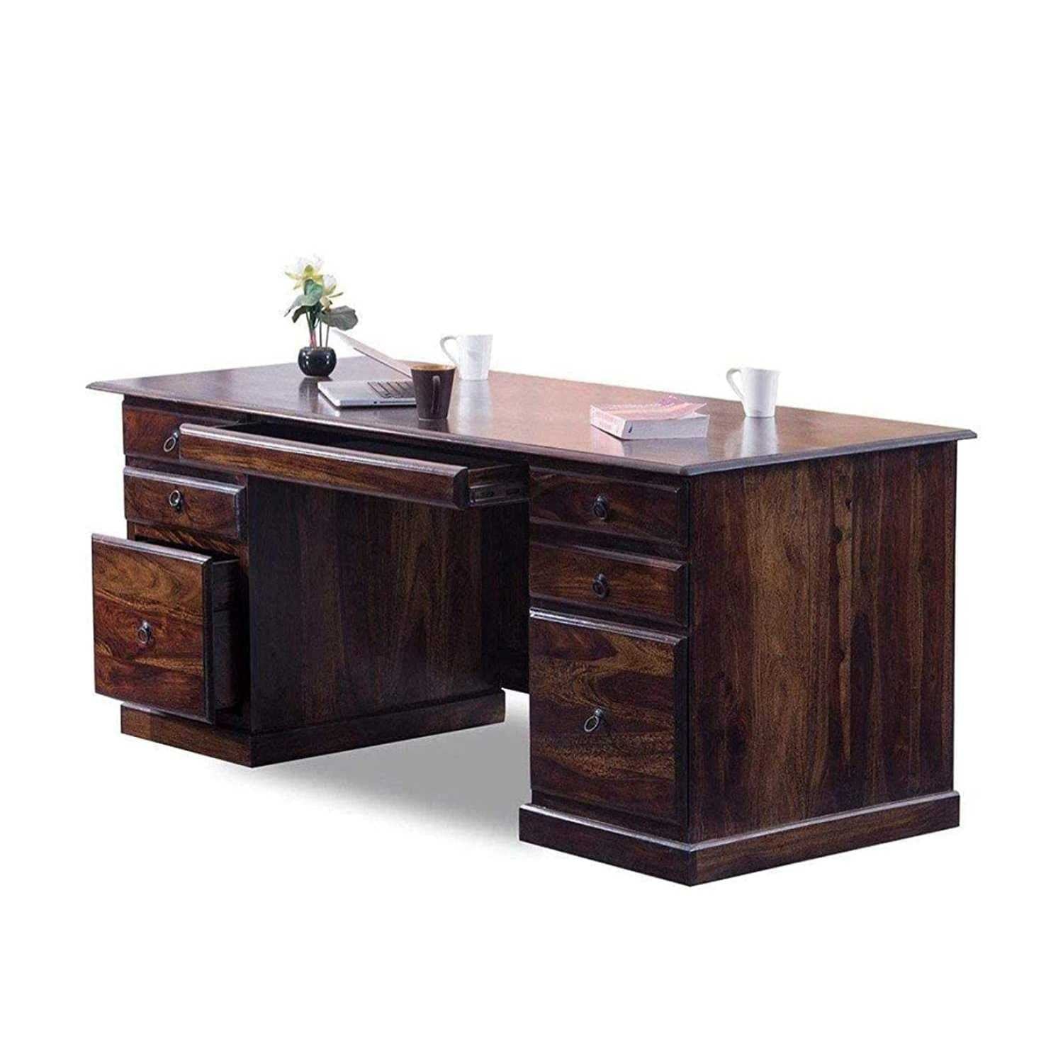 Solid Sheesham Wooden Office Table With 6 Drawer Walnut FInish