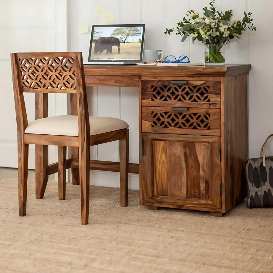 CNC Sheesham Wood Study Table With Chair Natural Finish