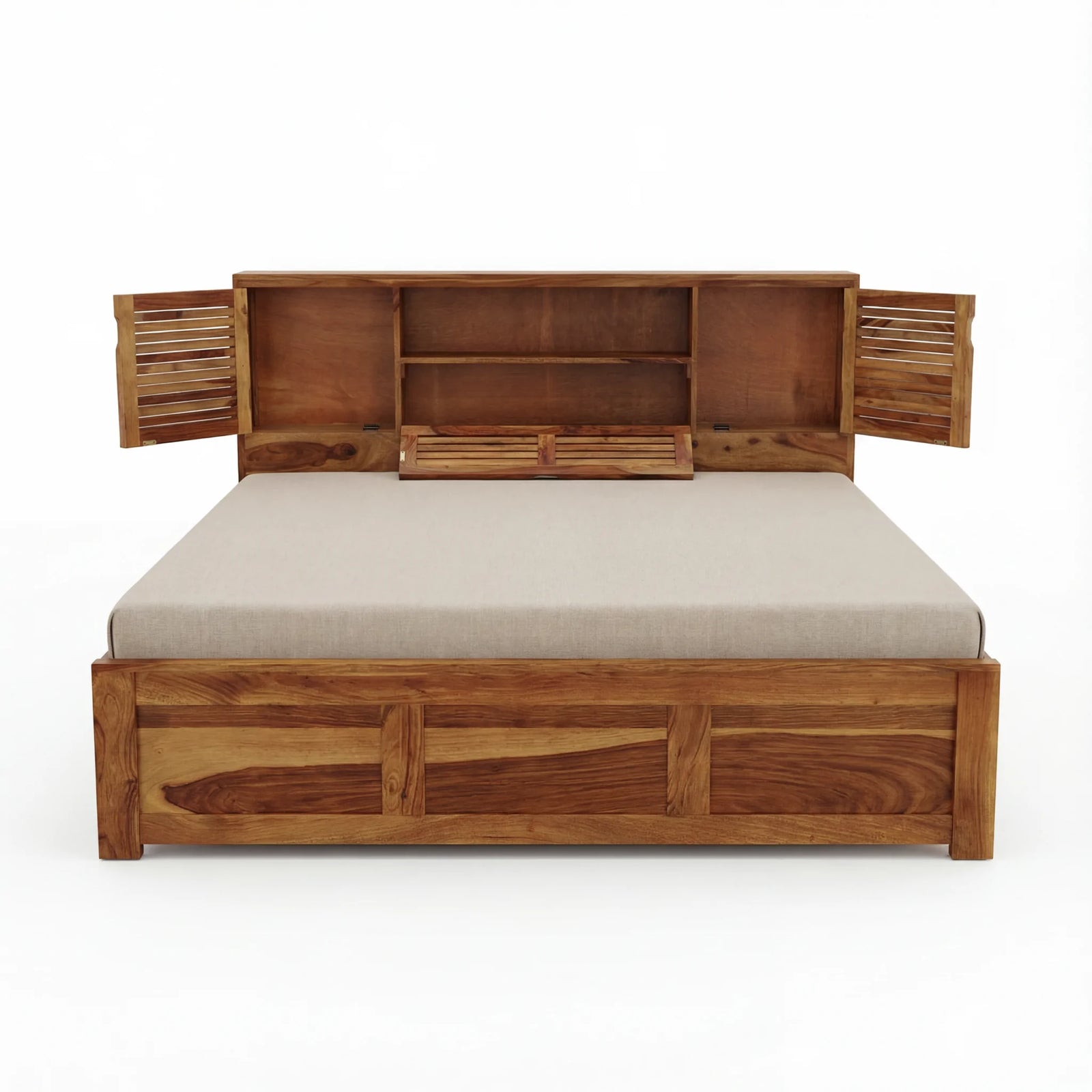 Urban Solid Sheesham Wood King Size Bed with Storage Box  Finish - Natural