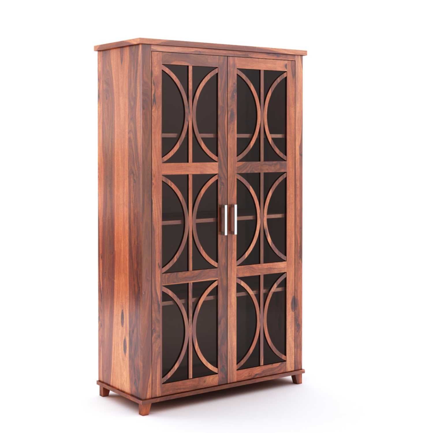 Cross X Bookshelf Cabinet with Glass Door for Kitchen & Living Room - Natural Finish