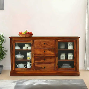 Wooden Glass Sideboard Cabinet Finish - Honey
