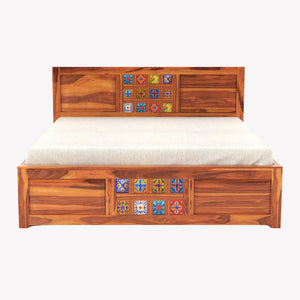 Hera Solid Sheesham Wood Queen Size Bed with Box Storage - Natural Finish