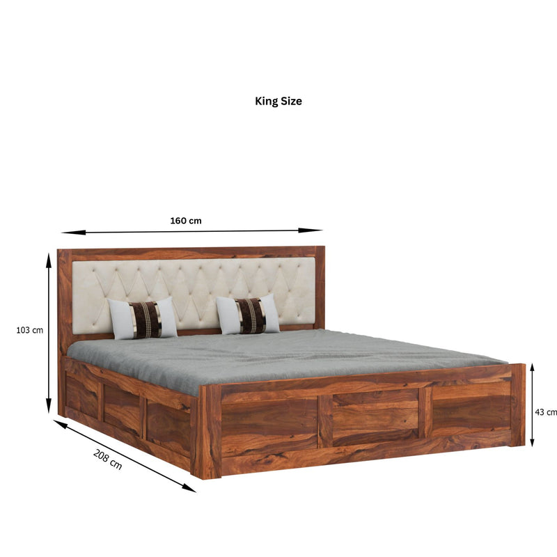 Zeus Solid Sheesham Wood Upholstered Bed King Size with Box Storage - Natural Finish
