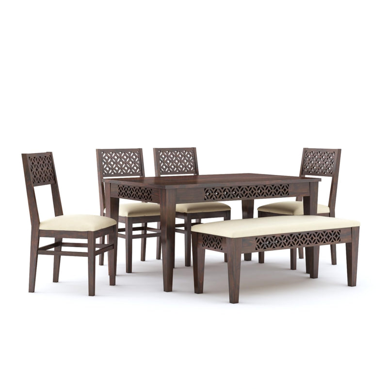 CNC Wooden Dining Table 6 Seater Dining Table Set with 4 Chairs & 1 Bench Walnut Finish