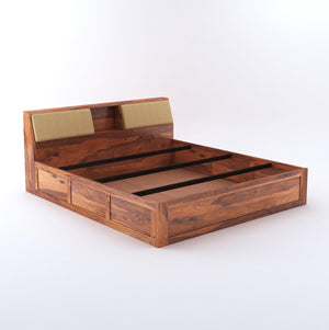 Hades Wooden Queen Size Bed With Box Storage - Natural Finish
