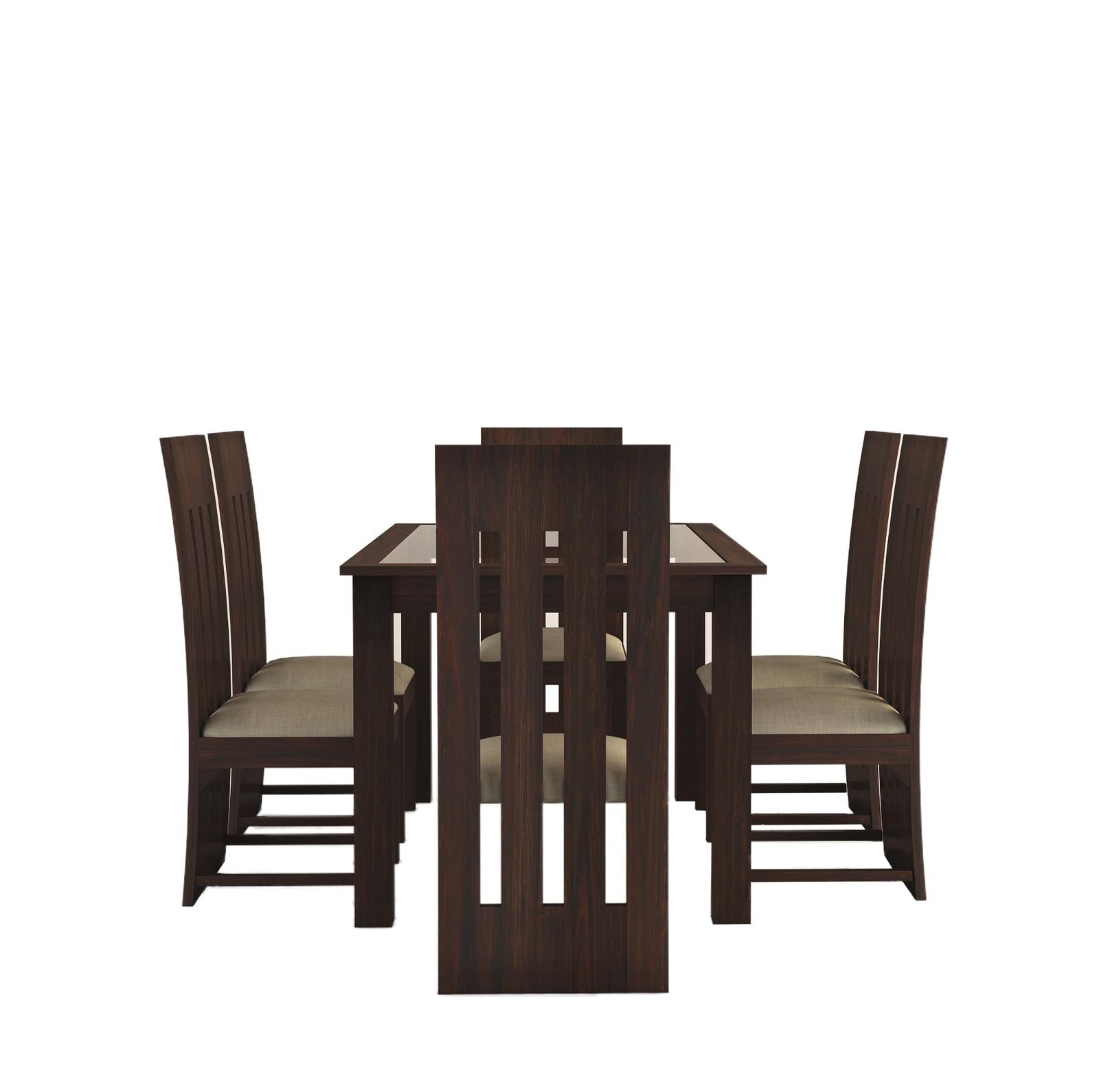 Poster Sheesham Wood Dining Table 6 Seater Dining Table Set with 6 Cushion Chairs & Glass Top - Walnut Finish