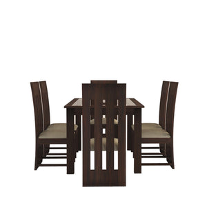 Poster Sheesham Wood Dining Table 6 Seater Dining Table Set with 6 Cushion Chairs & Glass Top - Walnut Finish