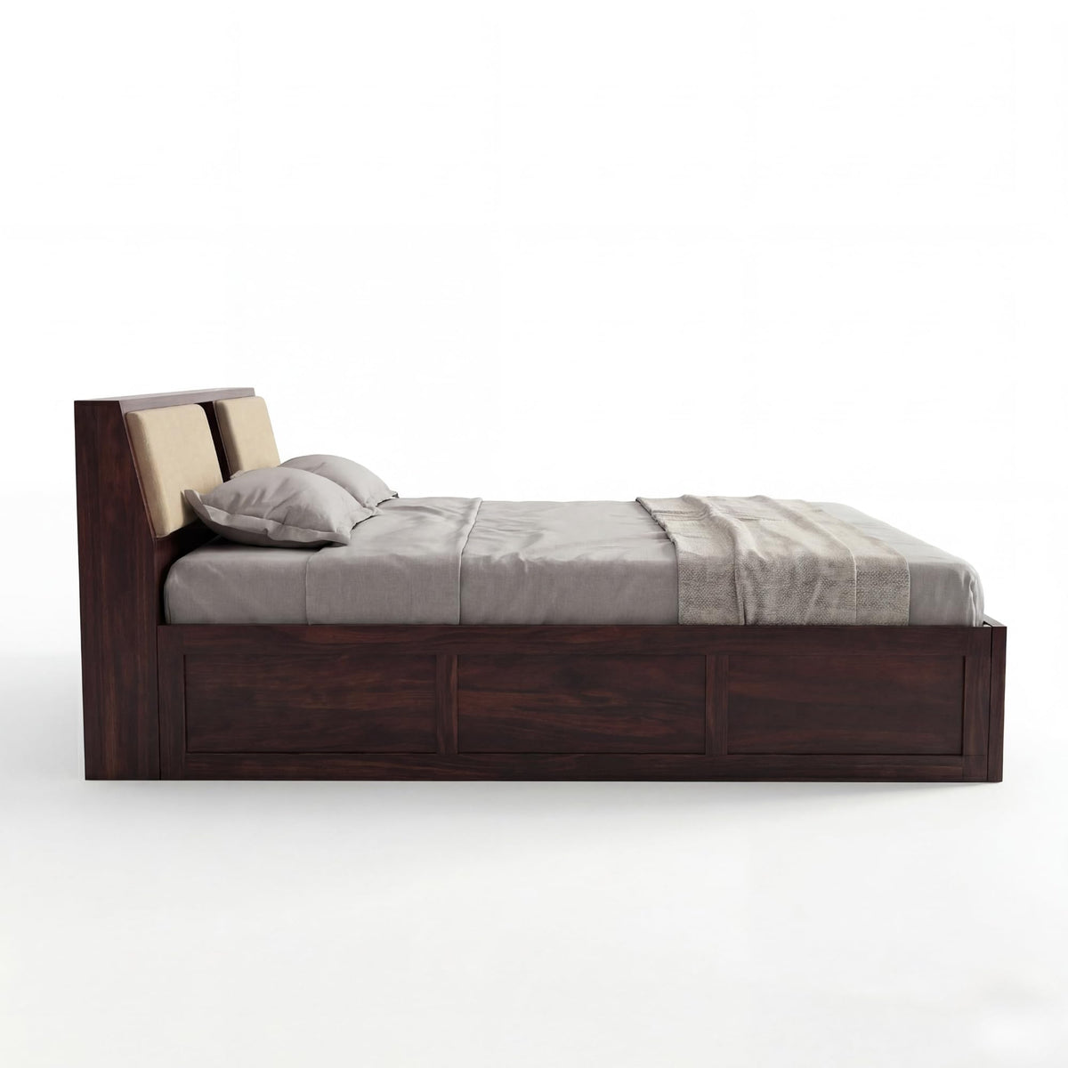 Hades Solid Sheesham Wood King Size Bed with Box Storage & 2 Bedside Tables - Walnut Finish