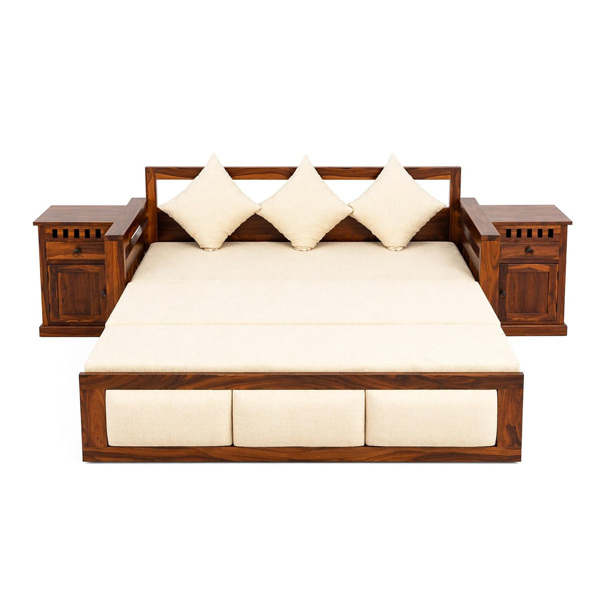 Zeus With Bedside Solid Sheesham Wood Sofa Cum Bed in natural finish - corner angle view