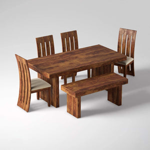 Wooden Dining Table Set 6 Seater 1 Bench with Cushion Chair Finish - Honey