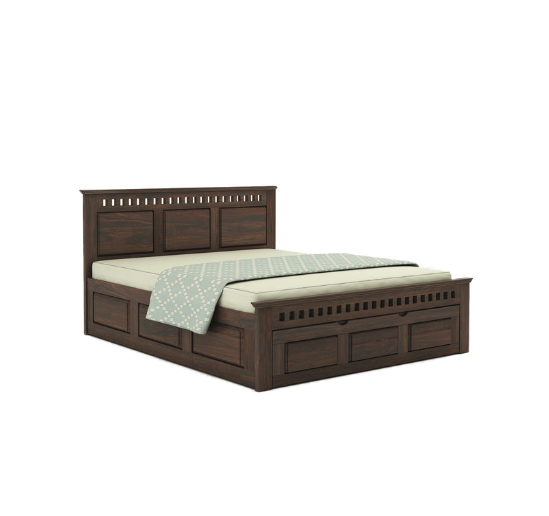 Kuber Solid Sheesham Wood King Size Bed with Drawer Storage - Walnut Finish