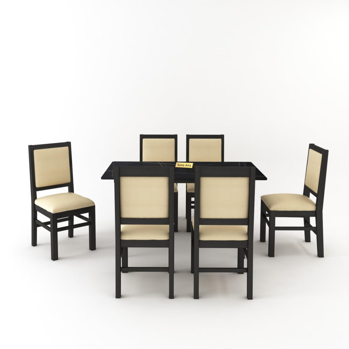 Marble Metal Black Solid Sheesham Wood 6 Seater Dining Table Set