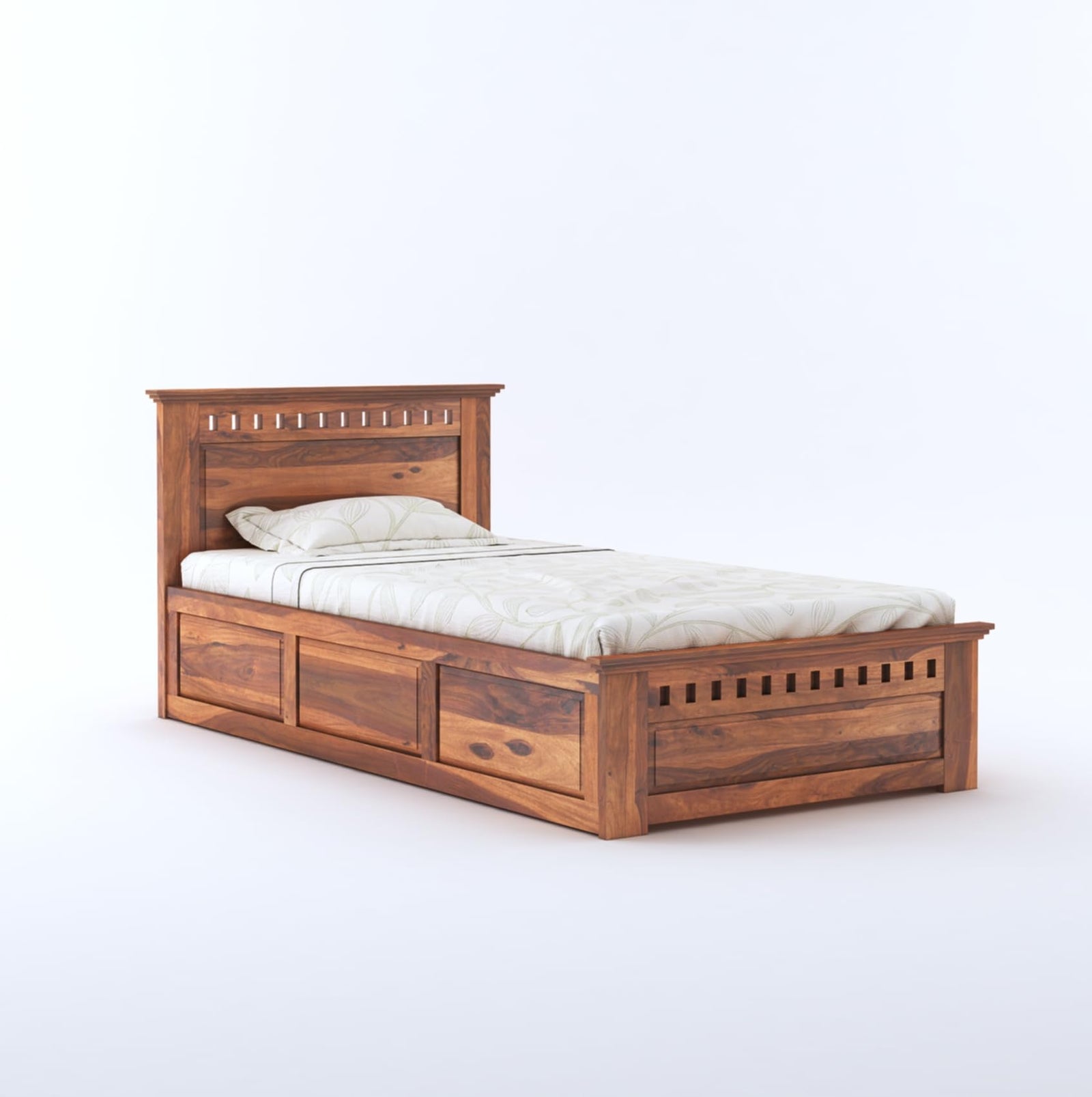 Sheesham Wood Single Bed Furniture With Box Storage for Bedroom Honey Teak Finish