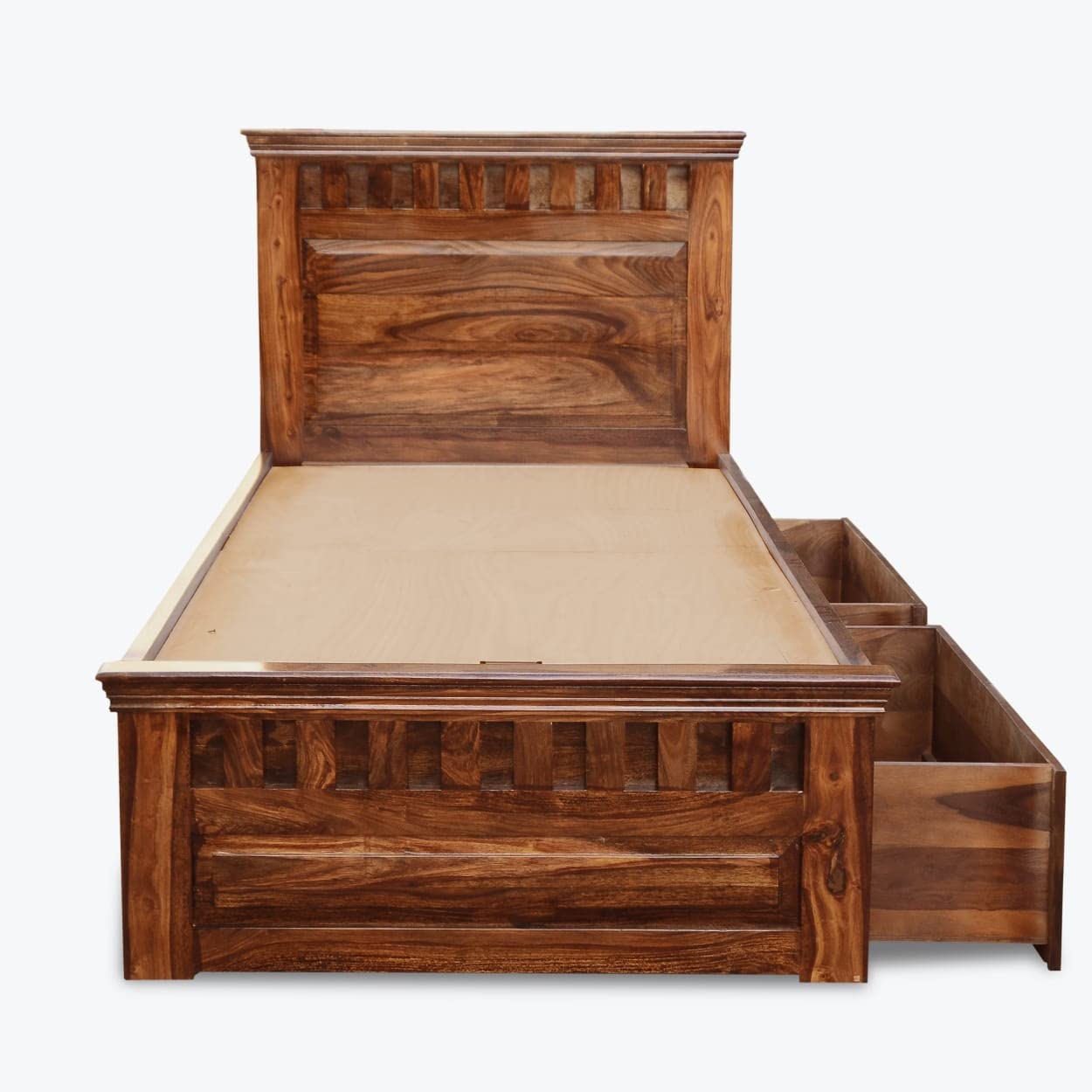 Kuber Sheesham Wood Single Bed Furniture with Two Drawer Storage for Bedroom - Natural Finish