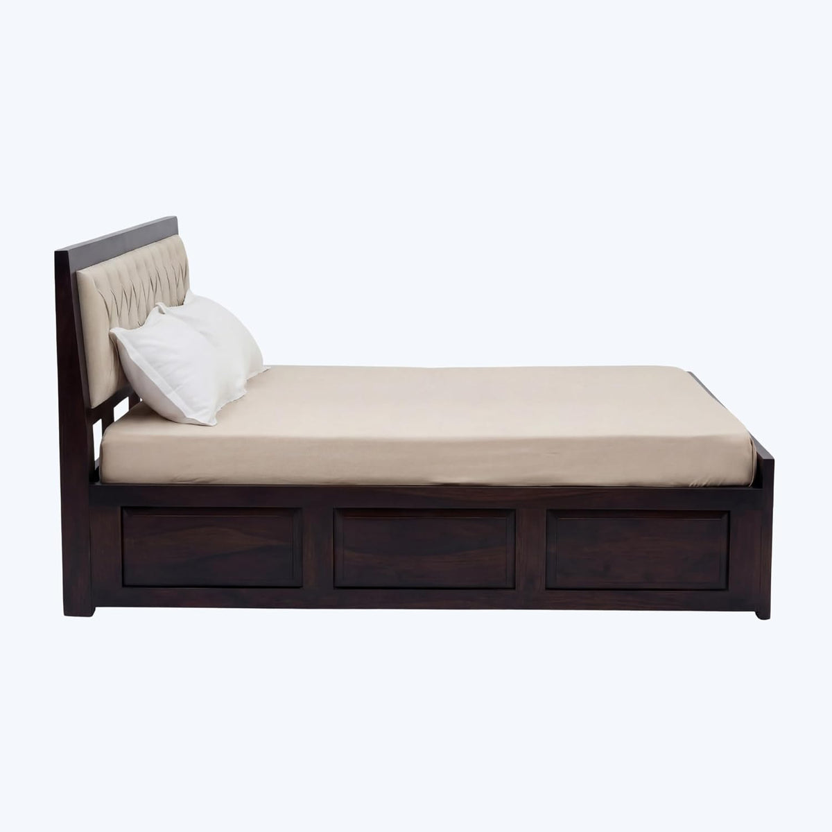 Zeus Solid Sheesham Wood Queen Size Bed with Drawer Storage in walnut finish - headboard detail