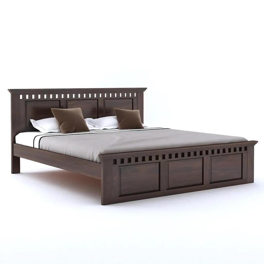 Kuber Solid Sheesham Wood King Size Bed Without Storage Finish - Walnut