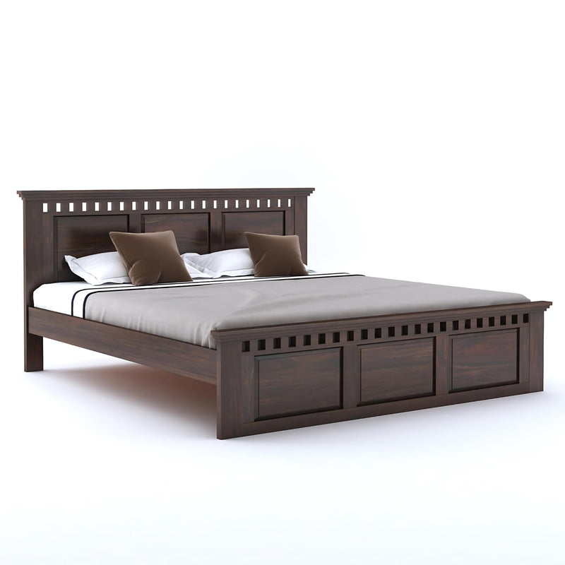 Kuber Solid Sheesham Wood King Size Bed without Storage - Walnut Finish