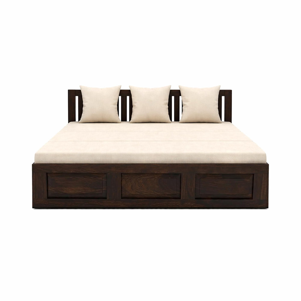 Regal Solid Sheesham Wood Sofa Cum Bed in walnut finish - backrest detail