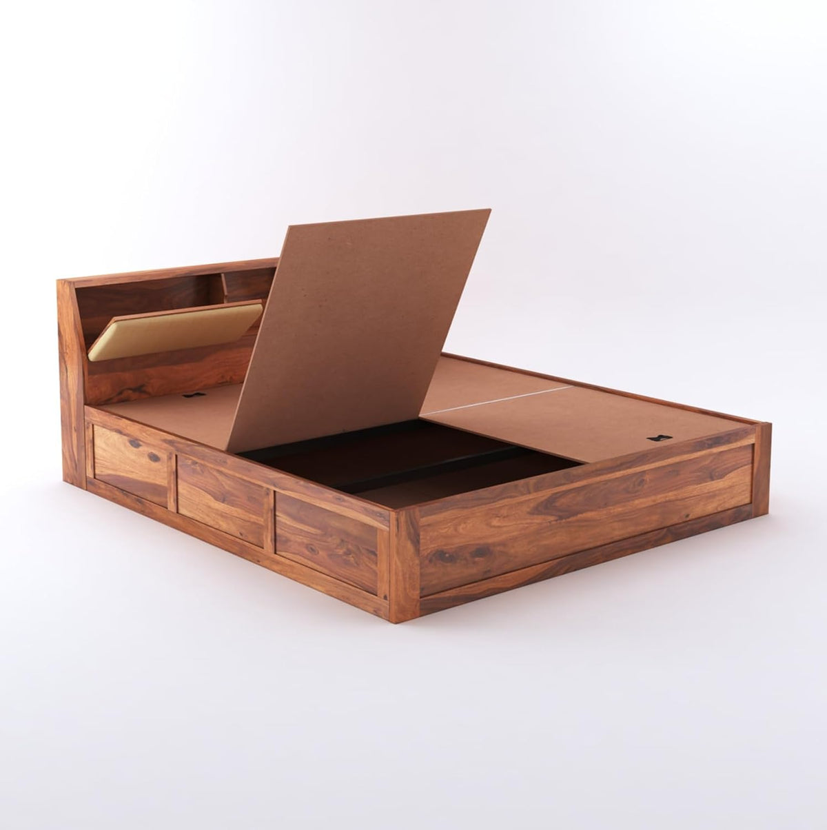 Hades Wooden Queen Size Bed With Box Storage - Natural Finish