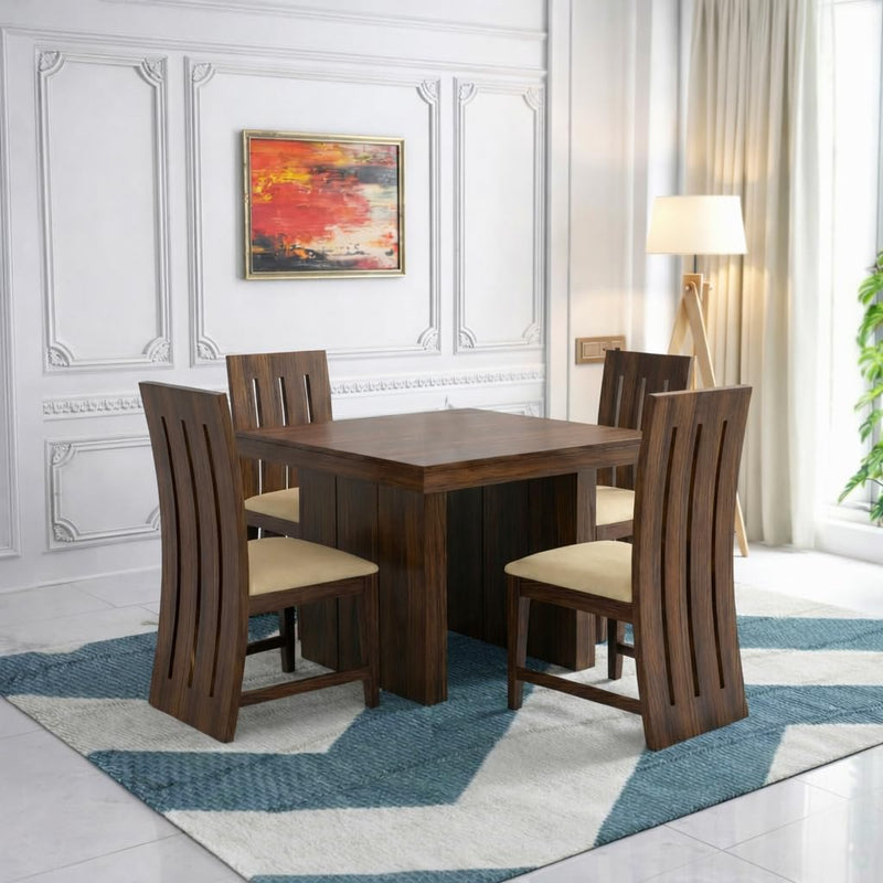 Poster Cushion Solid Sheesham Wood 4 Seater Dining Table Set - Walnut Finish | Poster 4 Seater Cushion Walnut D2