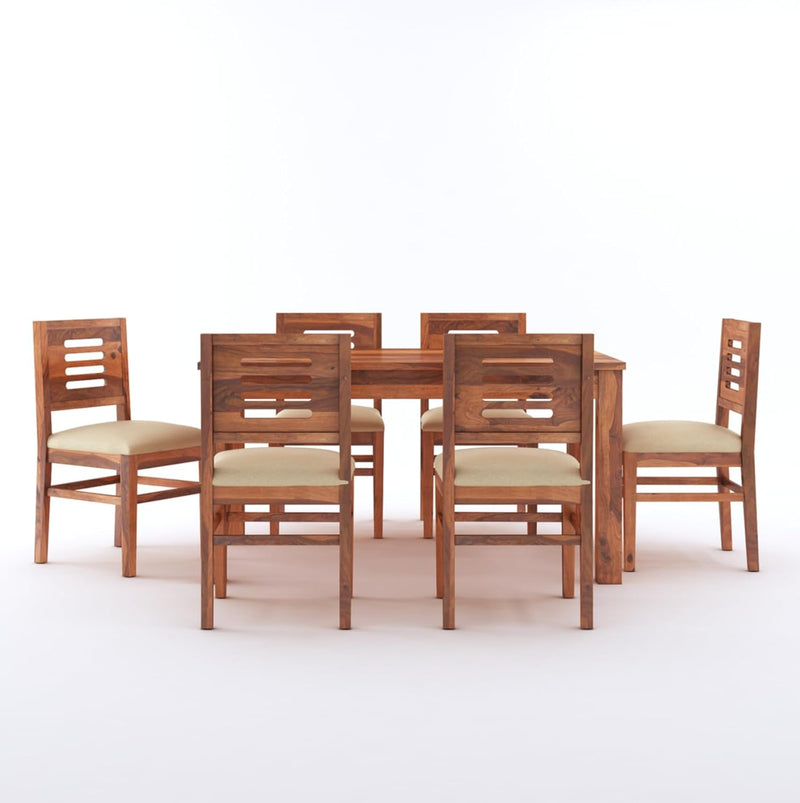 Capsule Solid Wood Dining Table Set 6 Seater With Cushion Chair - Natural Finish