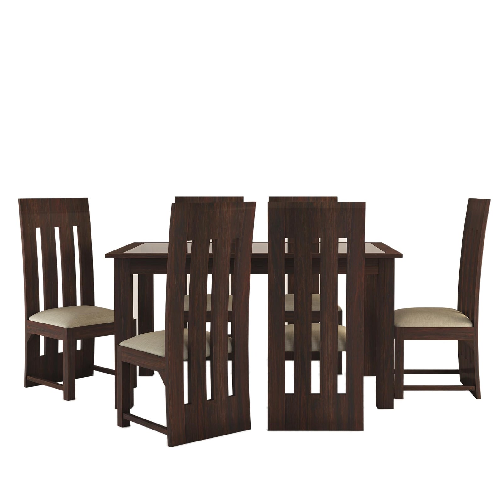 Poster Sheesham Wood Dining Table 6 Seater Dining Table Set with 6 Cushion Chairs & Glass Top - Walnut Finish