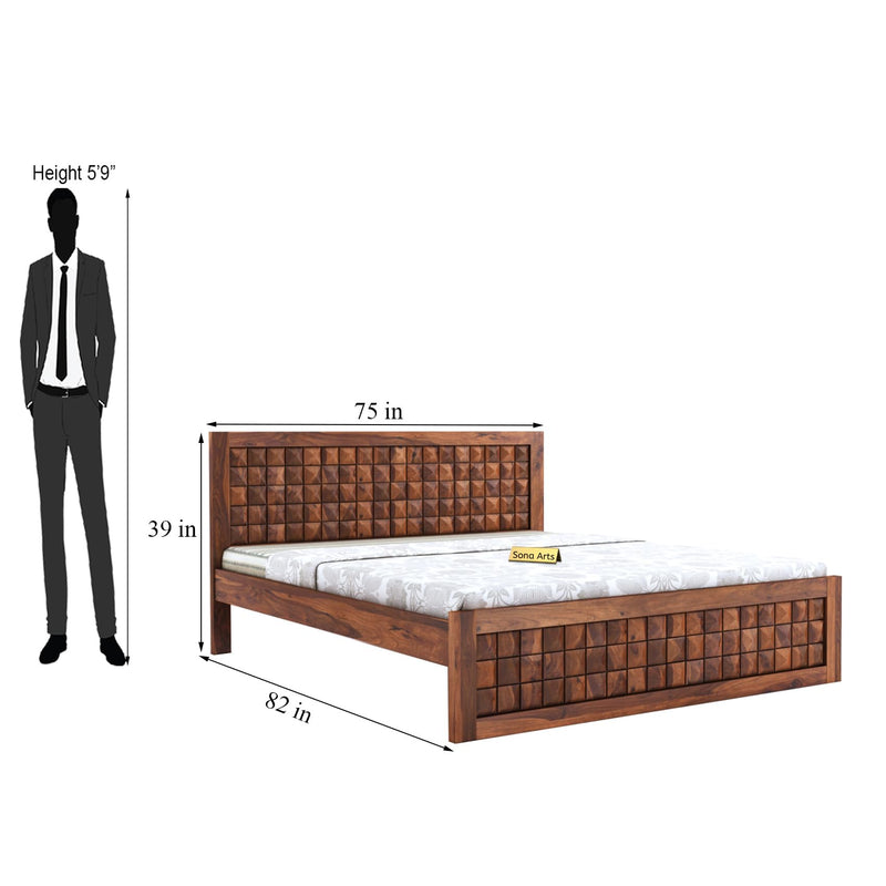 Diamond Solid Sheesham Wood King Size Bed without Storage & 2 Bedside Tables - Natural Finish