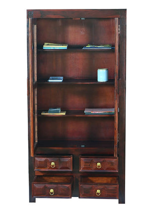 Diamond Wooden Book Shelf with Glass Rack and Drawer Storage - Natural Finish