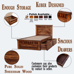 Kuber Sheesham Wood Single Bed Furniture with Two Drawer Storage for Bedroom - Natural Finish