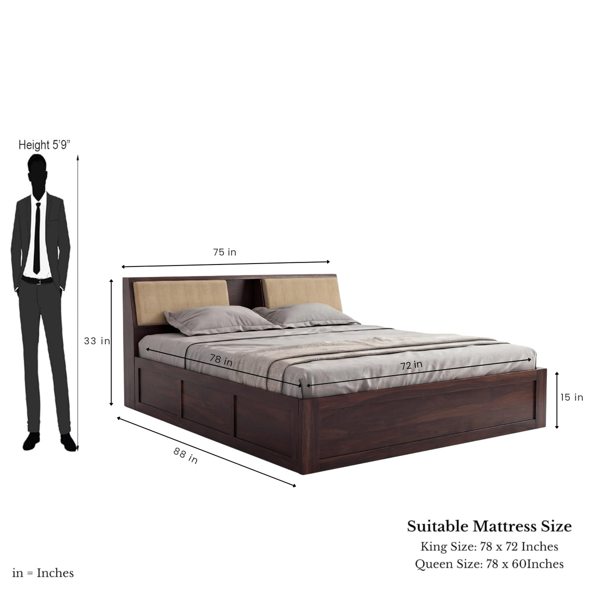 Hades Solid Sheesham Wood King Size Bed with Box Storage & 2 Bedside Tables - Walnut Finish