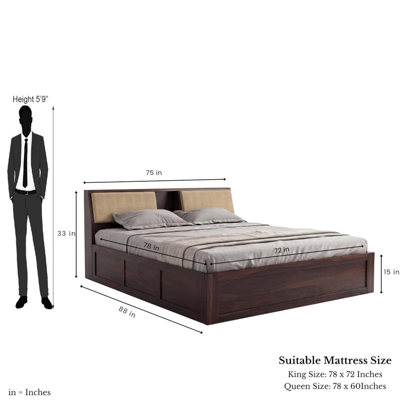 Hades Solid Sheesham Wood King Size Bed with Box Storage & 2 Bedside Tables - Walnut Finish