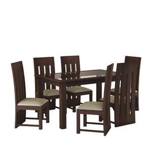 Poster Sheesham Wood Dining Table 6 Seater Dining Table Set with 6 Cushion Chairs & Glass Top - Walnut Finish