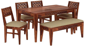 CNC Sheesham Wood 6-Seater Dining Table Set with 4 Chairs & Bench – Natural Finish, Floral Pattern