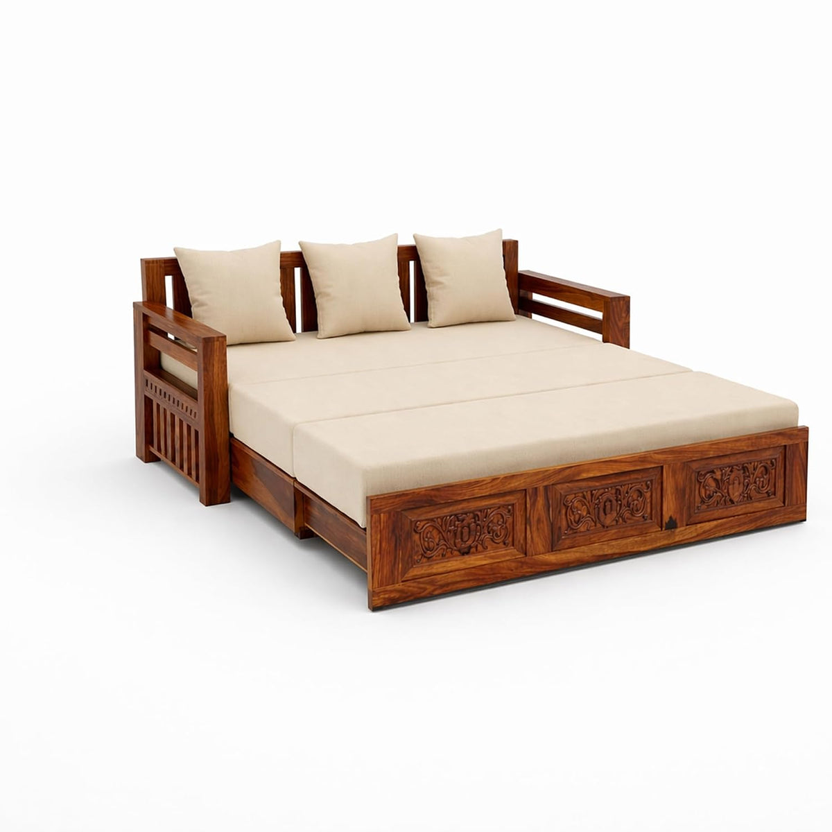 A traditional wooden daybed with carved details, featuring a warm brown wood frame and thick beige cushions, shown on a solid white background.